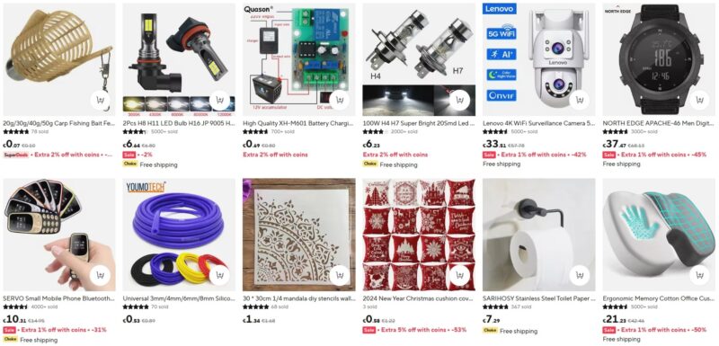Prikaz proizvoda na Aliexpress platformi uključujući ribolovačku opremu, LED sijalice za automobile, elektronske komponente, sigurnosne kamere, pametne satove, mini telefone, silikonske cevi, šablone za dekoraciju, novogodišnje ukrasne jastučnice, držače za toalet papir i ergonomske jastuke.